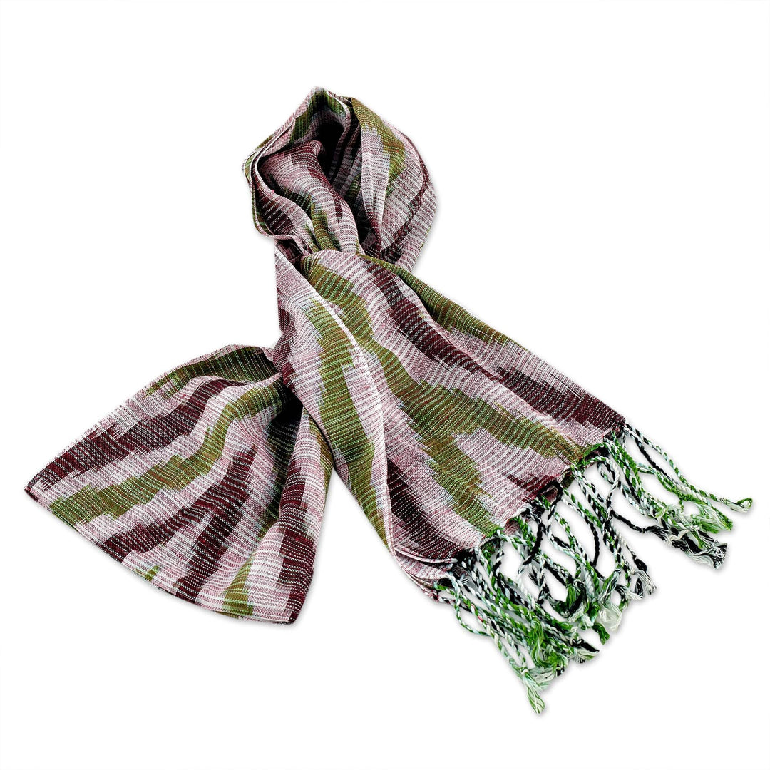 Hand-Woven Fringed Cotton Ikat Scarf in Green and Brown - Uzbek Style