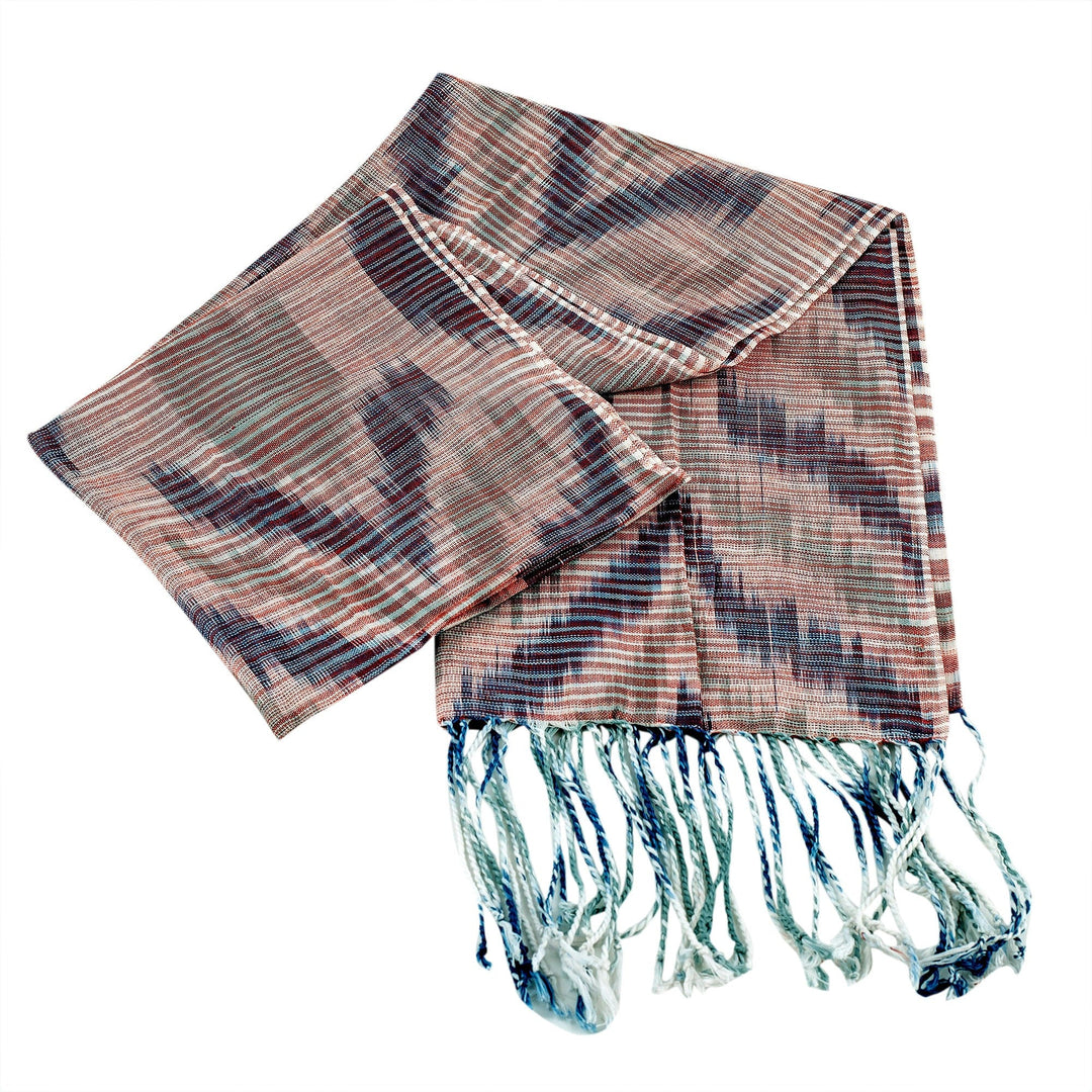 Hand-Woven Cotton Scarf with Blue and Green Ikat Patterns - Uzbek Trend