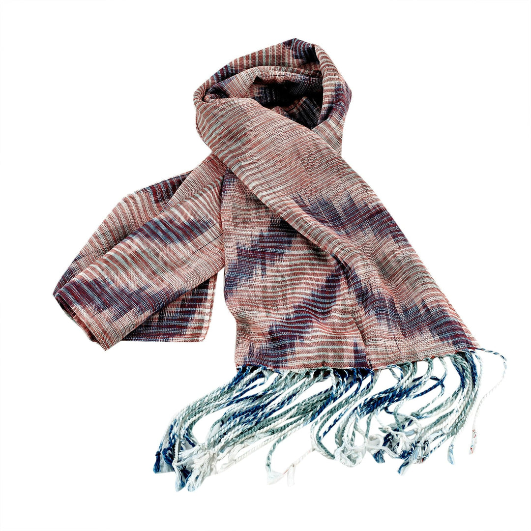 Hand-Woven Cotton Scarf with Blue and Green Ikat Patterns - Uzbek Trend