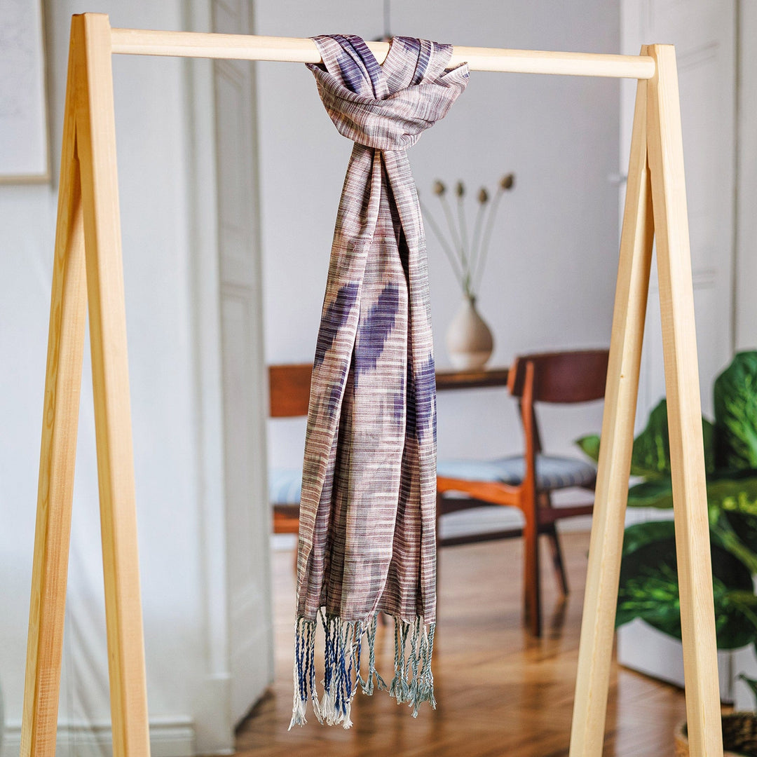 Hand-Woven Cotton Scarf with Blue and Green Ikat Patterns - Uzbek Trend