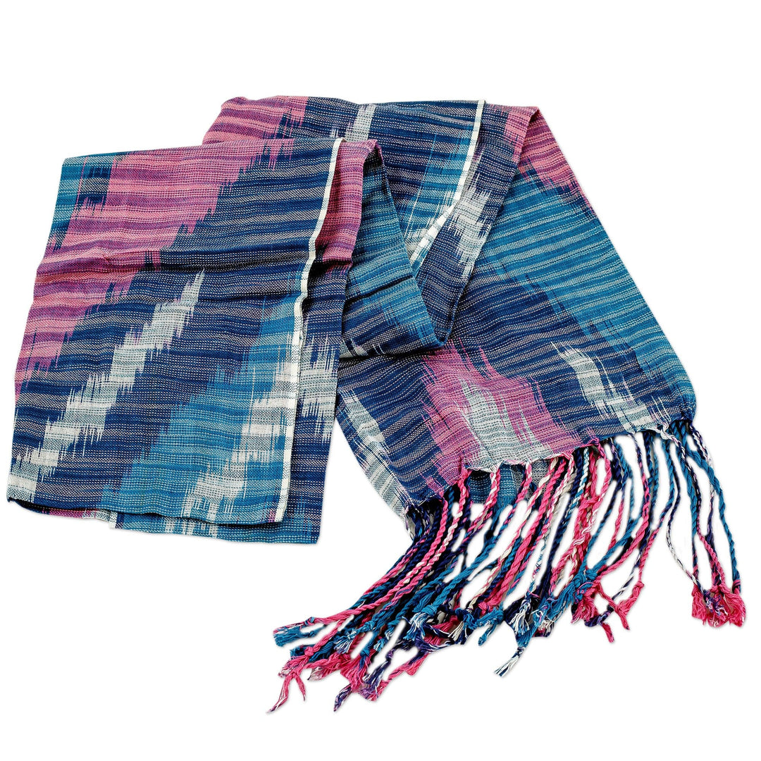Hand-Woven Fringed Cotton Ikat Scarf in Blue Pink and White - Uzbek Fashion