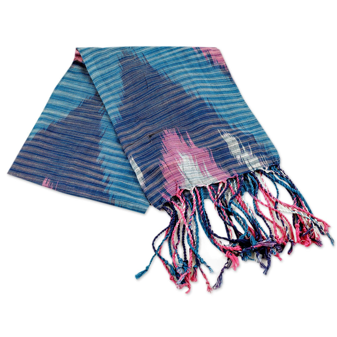 Hand-Woven Fringed Cotton Ikat Scarf in Blue Pink and White - Uzbek Fashion
