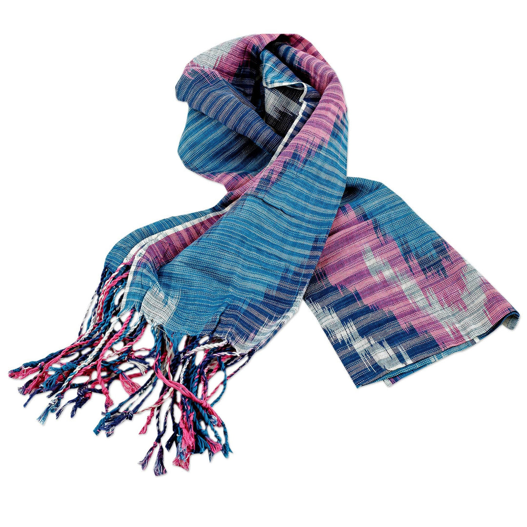 Hand-Woven Fringed Cotton Ikat Scarf in Blue Pink and White - Uzbek Fashion