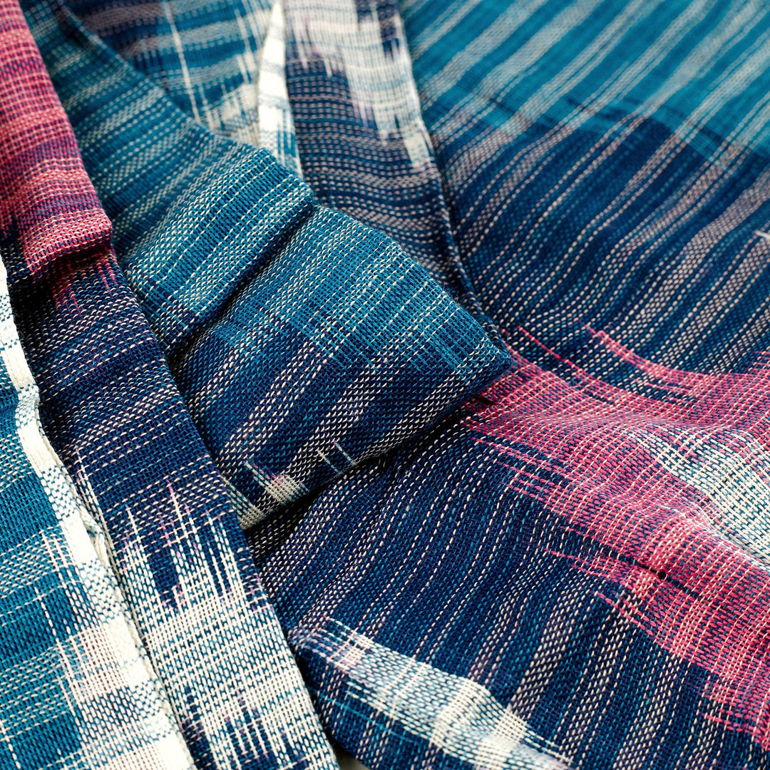 Hand-Woven Fringed Cotton Ikat Scarf in Blue Pink and White - Uzbek Fashion