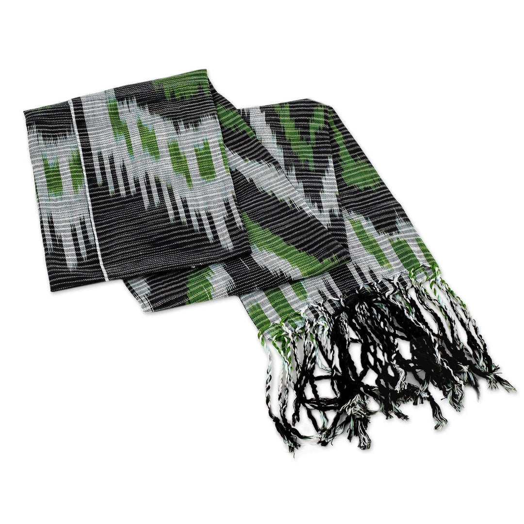 Hand-Woven Fringed Cotton Ikat Scarf in Black and Green - Uzbek Appeal