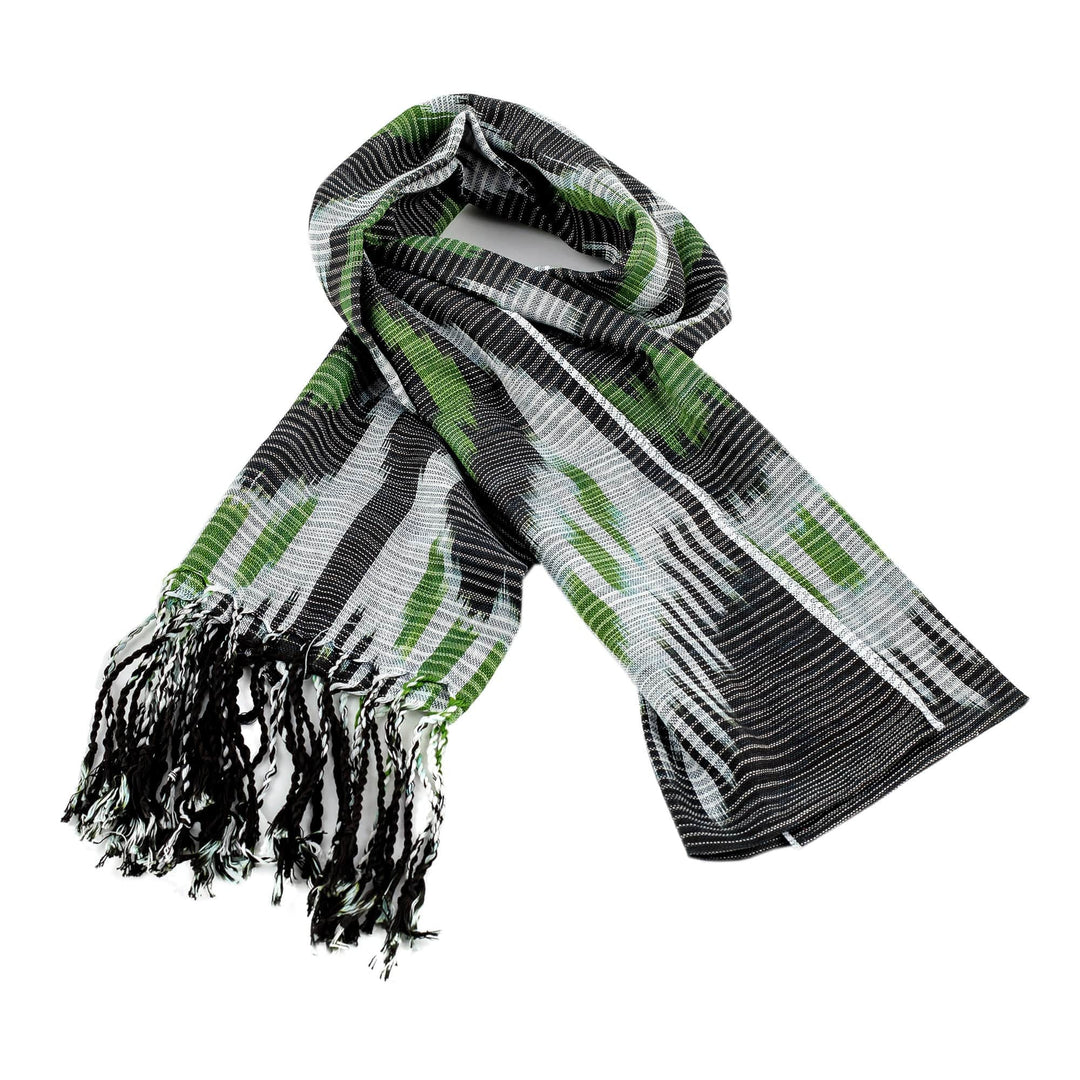 Hand-Woven Fringed Cotton Ikat Scarf in Black and Green - Uzbek Appeal