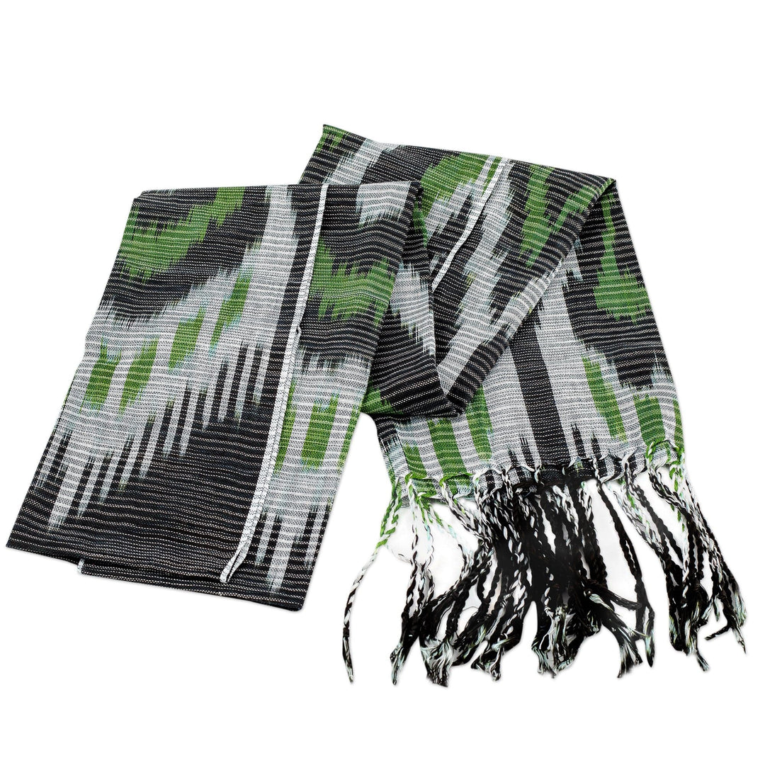 Hand-Woven Fringed Cotton Ikat Scarf in Black and Green - Uzbek Appeal
