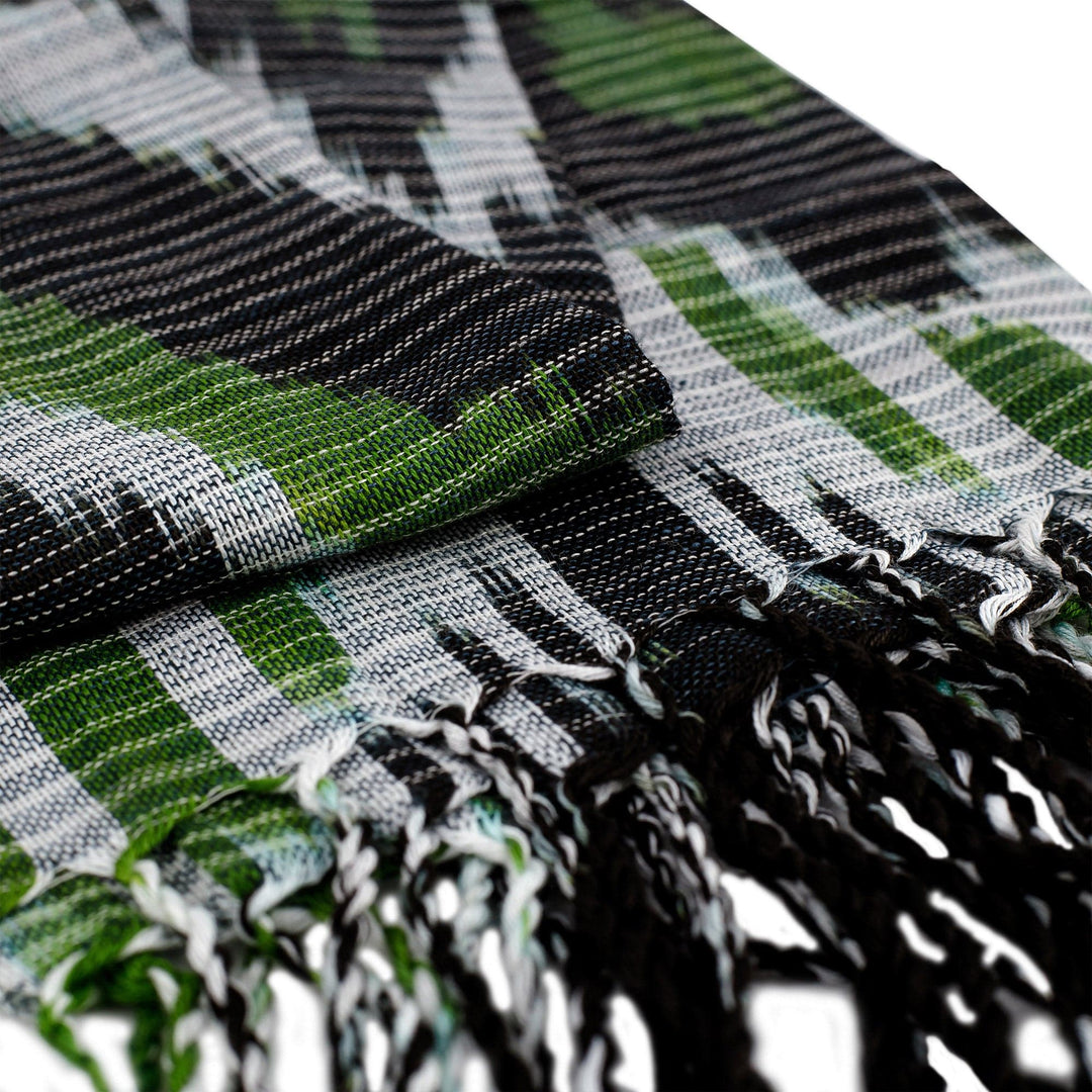 Hand-Woven Fringed Cotton Ikat Scarf in Black and Green - Uzbek Appeal