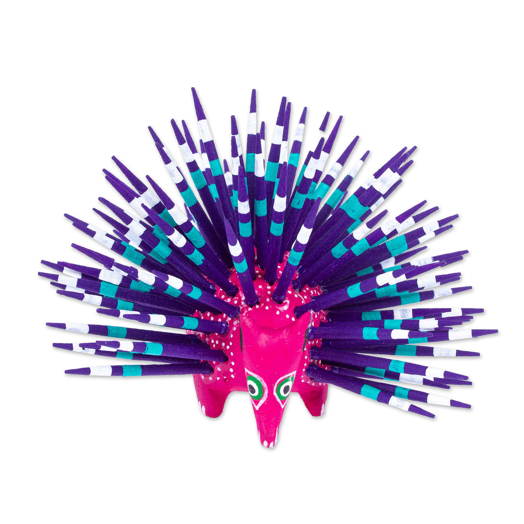 Hand-Painted Wood Alebrije Porcupine Figurine in Fuchsia - Cute Porcupine in Fuchsia