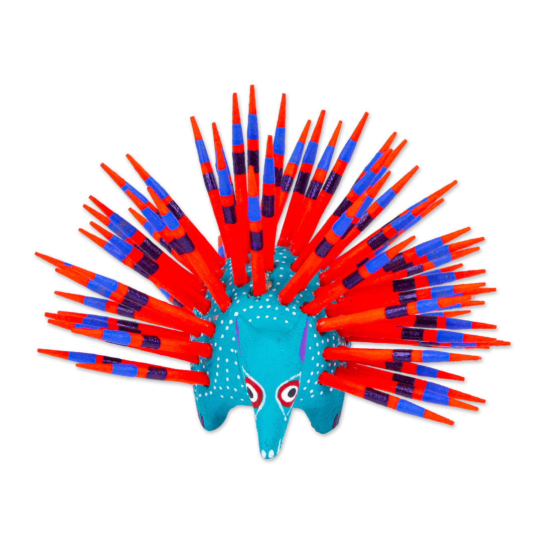 Hand-Painted Wood Alebrije Porcupine Figurine in Turquoise - Cute Porcupine in Turquoise