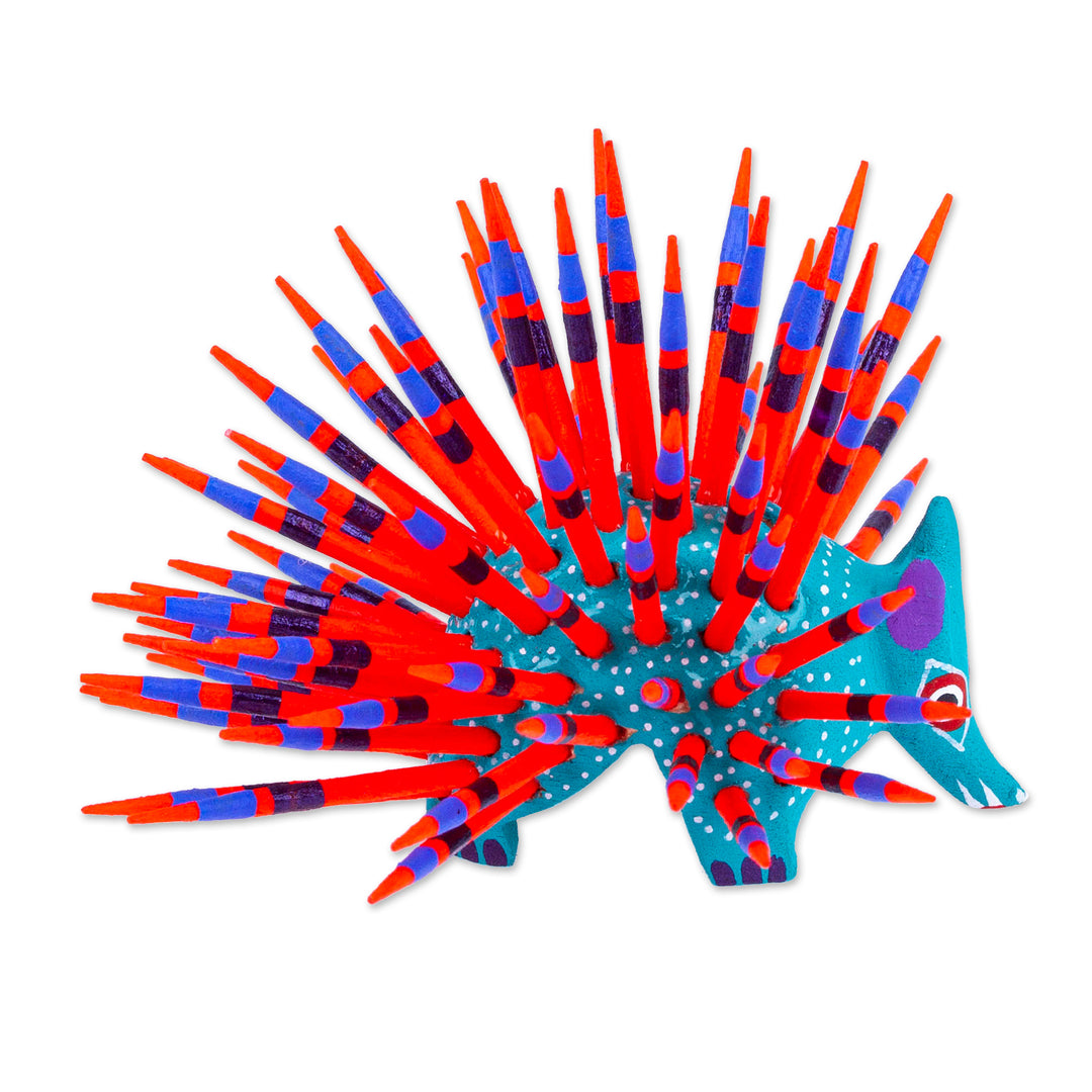 Hand-Painted Wood Alebrije Porcupine Figurine in Turquoise - Cute Porcupine in Turquoise