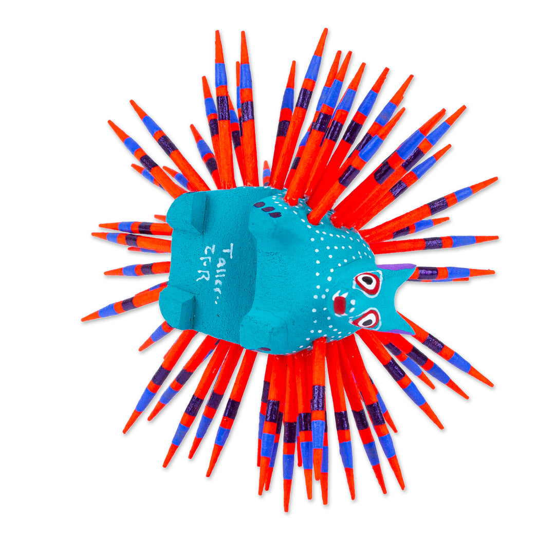 Hand-Painted Wood Alebrije Porcupine Figurine in Turquoise - Cute Porcupine in Turquoise