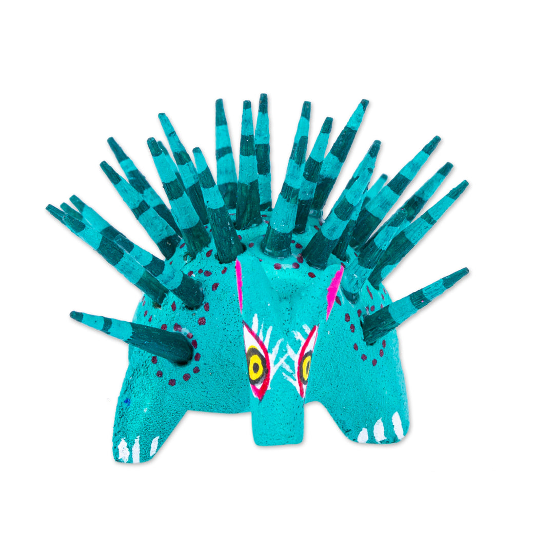 Hand-Painted Wood Alebrije Porcupine Figurine in Jade Green - Cute Porcupine in Jade