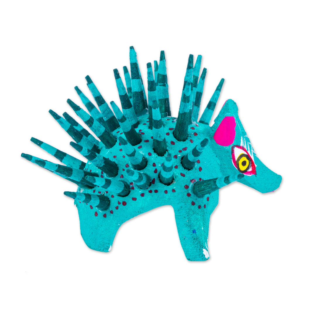 Hand-Painted Wood Alebrije Porcupine Figurine in Jade Green - Cute Porcupine in Jade