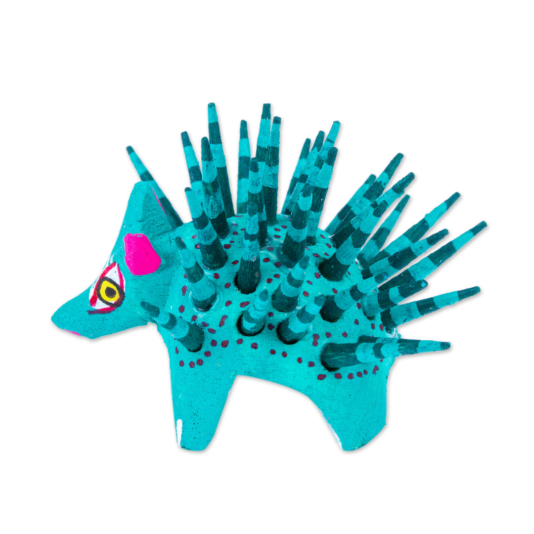 Hand-Painted Wood Alebrije Porcupine Figurine in Jade Green - Cute Porcupine in Jade