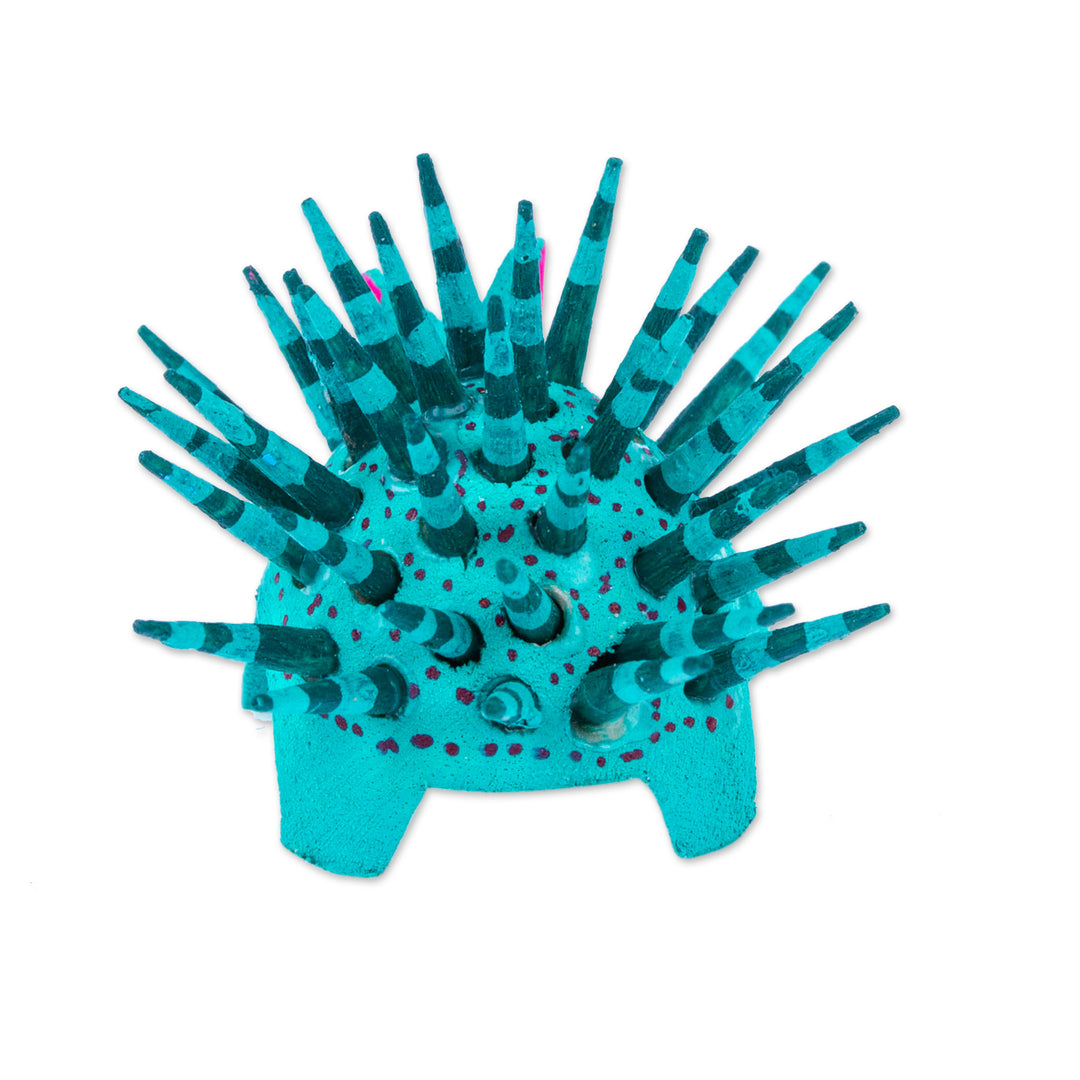 Hand-Painted Wood Alebrije Porcupine Figurine in Jade Green - Cute Porcupine in Jade