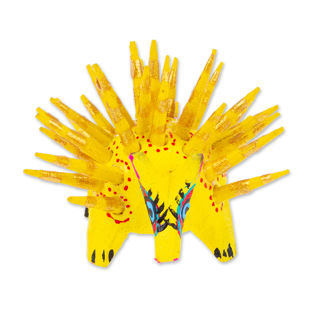 Hand-Painted Wood Alebrije Porcupine Figurine in Yellow - Cute Porcupine in Yellow