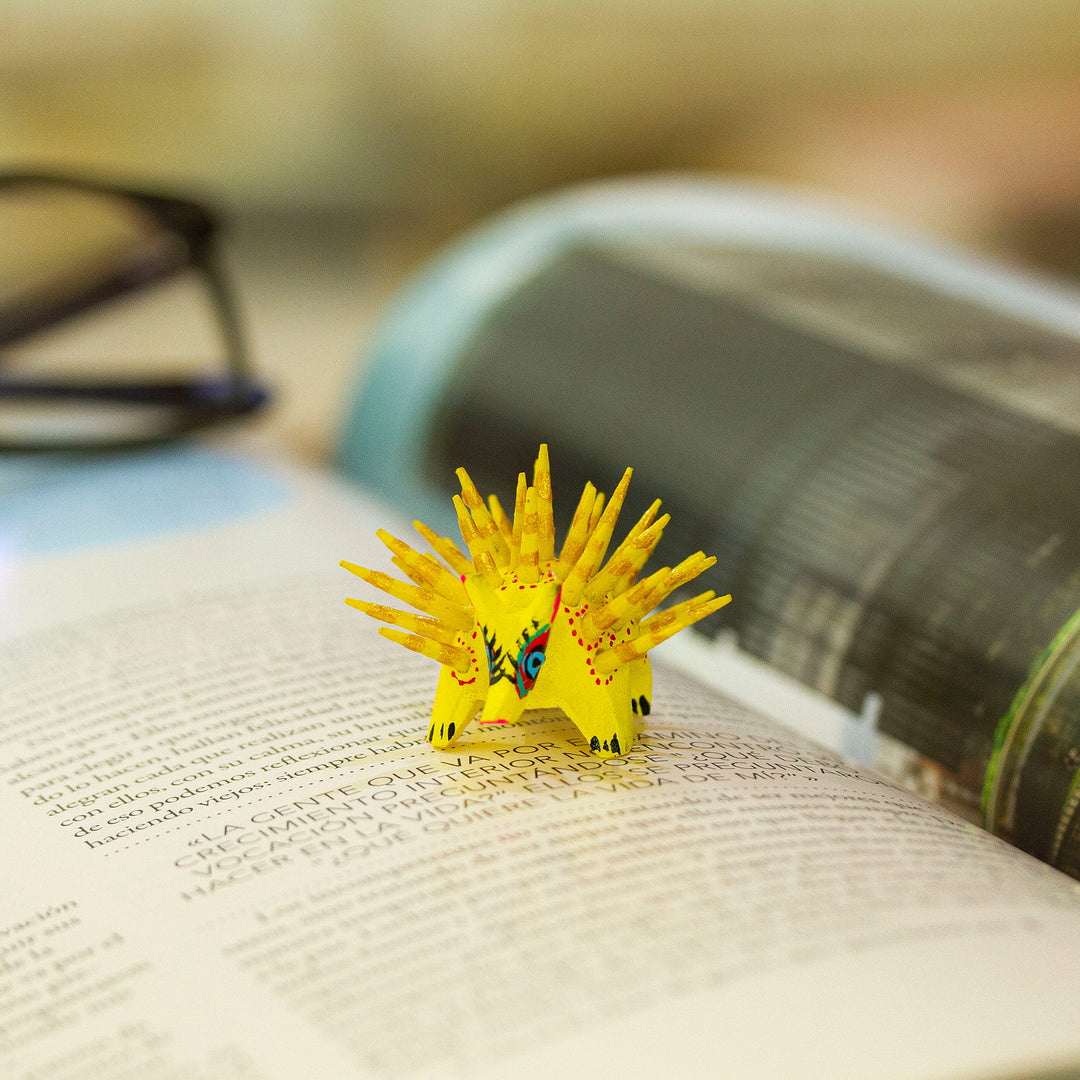 Hand-Painted Wood Alebrije Porcupine Figurine in Yellow - Cute Porcupine in Yellow