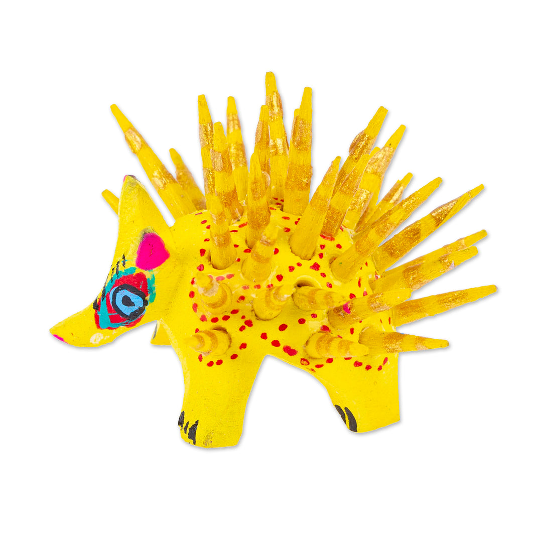 Hand-Painted Wood Alebrije Porcupine Figurine in Yellow - Cute Porcupine in Yellow