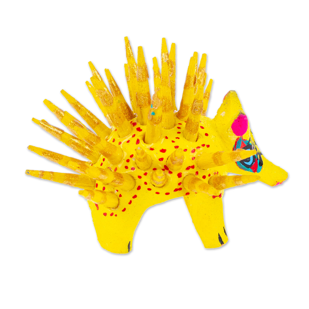 Hand-Painted Wood Alebrije Porcupine Figurine in Yellow - Cute Porcupine in Yellow