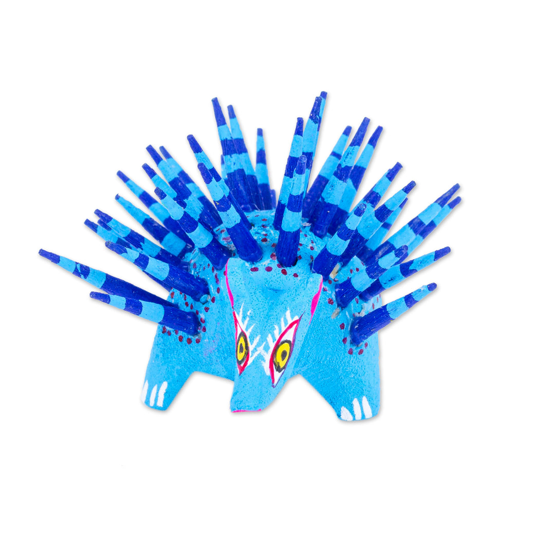 Hand-Painted Wood Alebrije Porcupine Figurine in Blue - Cute Porcupine in Sky Blue