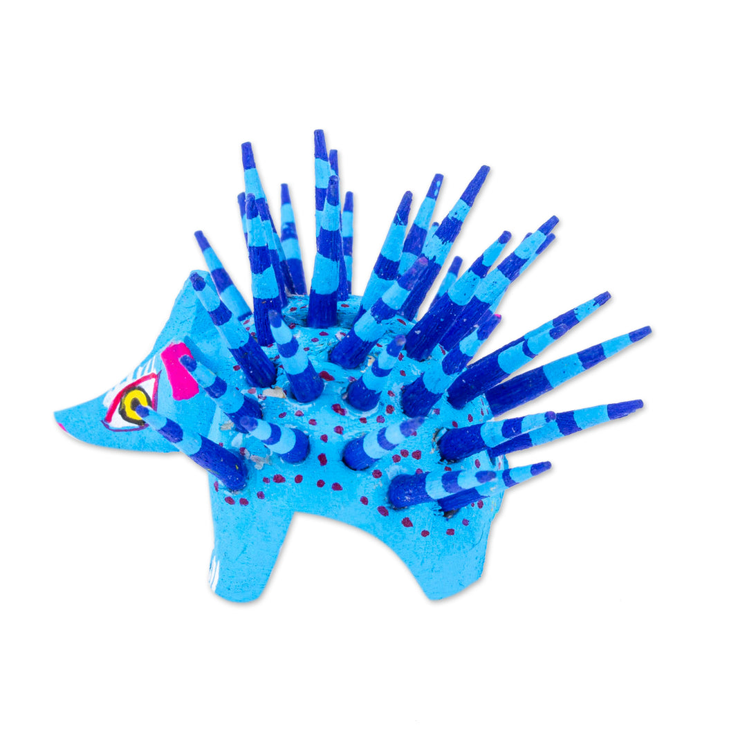 Hand-Painted Wood Alebrije Porcupine Figurine in Blue - Cute Porcupine in Sky Blue