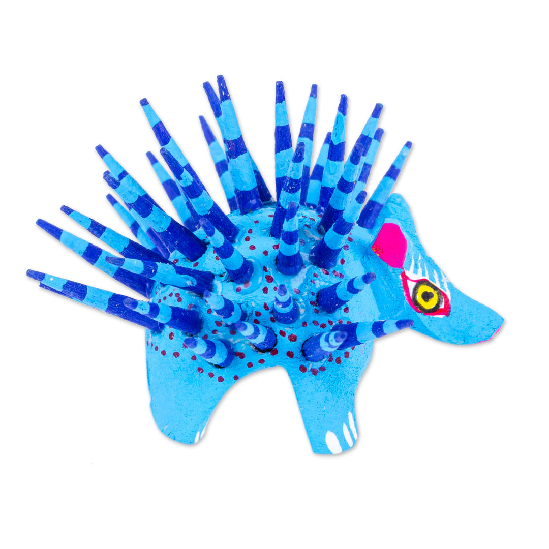 Hand-Painted Wood Alebrije Porcupine Figurine in Blue - Cute Porcupine in Sky Blue