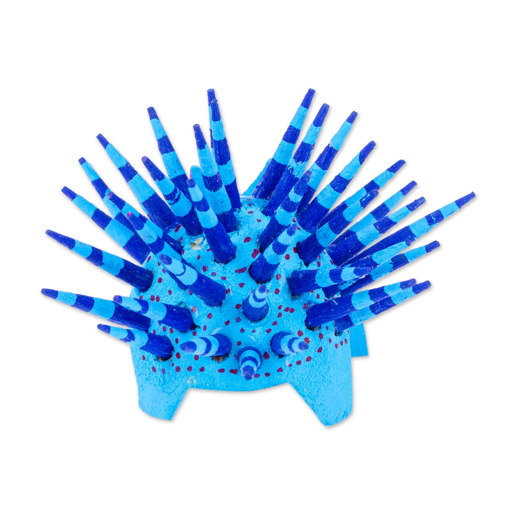 Hand-Painted Wood Alebrije Porcupine Figurine in Blue - Cute Porcupine in Sky Blue