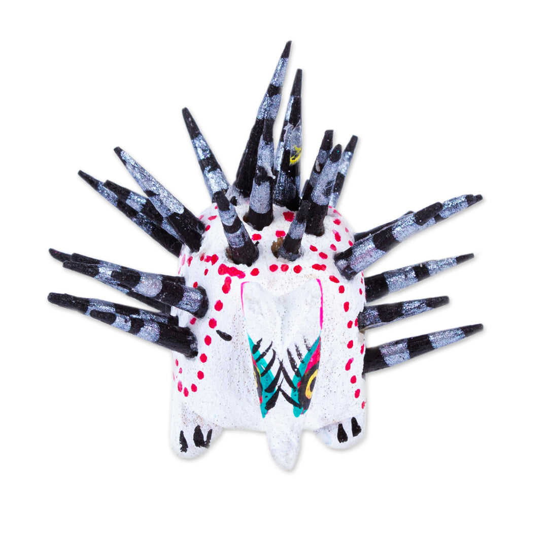 Hand-Painted Wood Alebrije Porcupine Figurine in White - Cute Porcupine in White