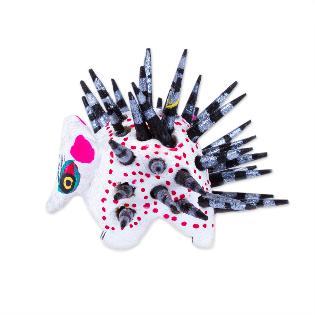 Hand-Painted Wood Alebrije Porcupine Figurine in White - Cute Porcupine in White