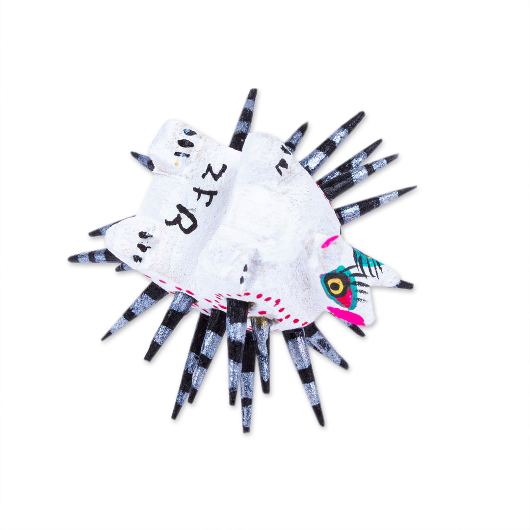 Hand-Painted Wood Alebrije Porcupine Figurine in White - Cute Porcupine in White