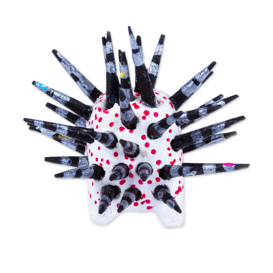 Hand-Painted Wood Alebrije Porcupine Figurine in White - Cute Porcupine in White