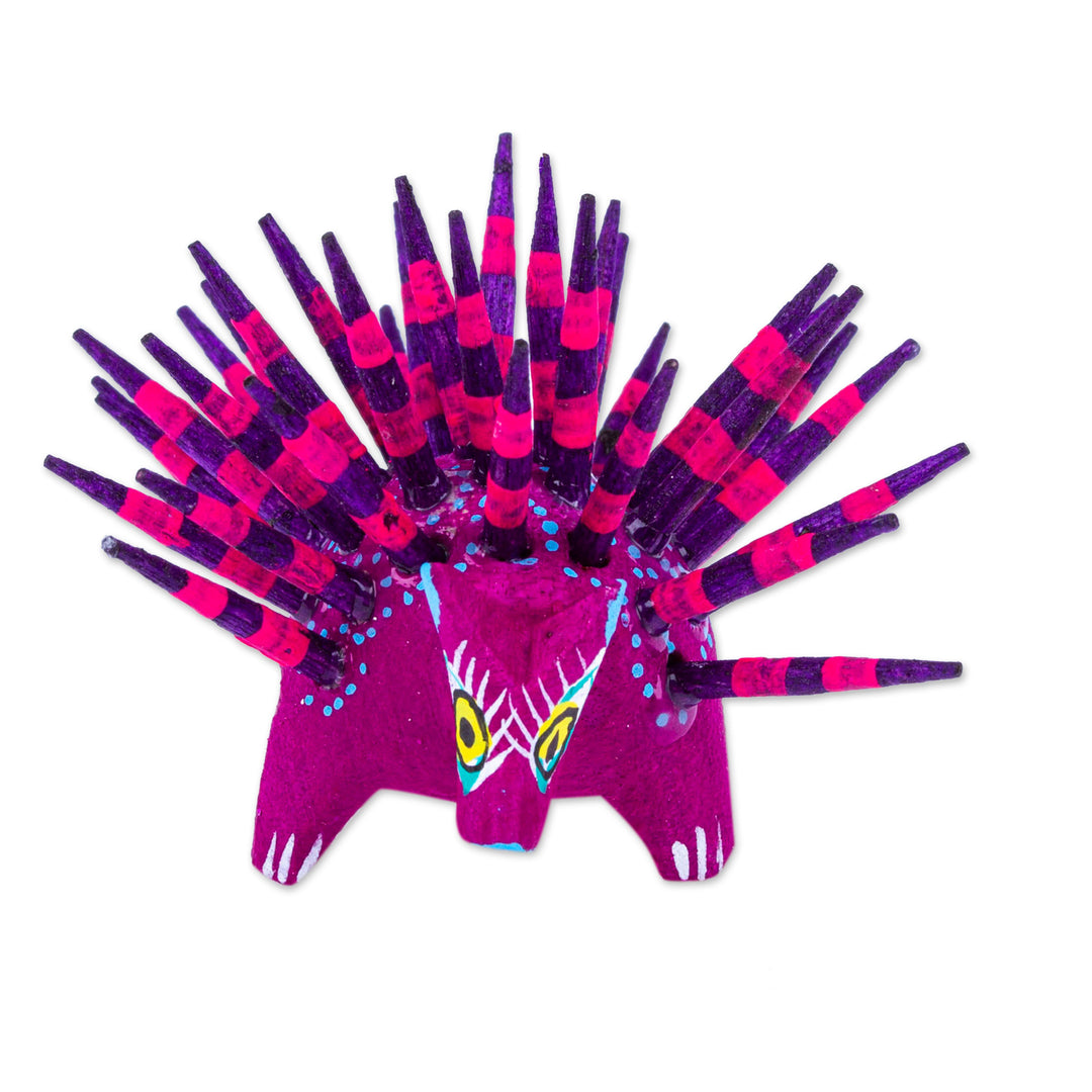 Hand-Painted Wood Alebrije Porcupine Figurine in Purple - Cute Porcupine in Purple