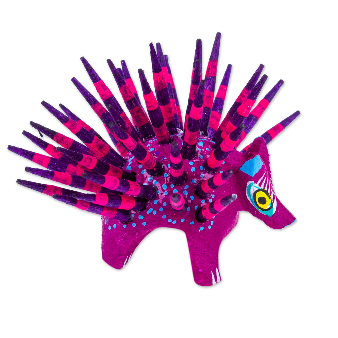 Hand-Painted Wood Alebrije Porcupine Figurine in Purple - Cute Porcupine in Purple