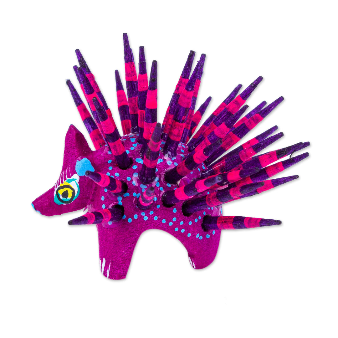Hand-Painted Wood Alebrije Porcupine Figurine in Purple - Cute Porcupine in Purple