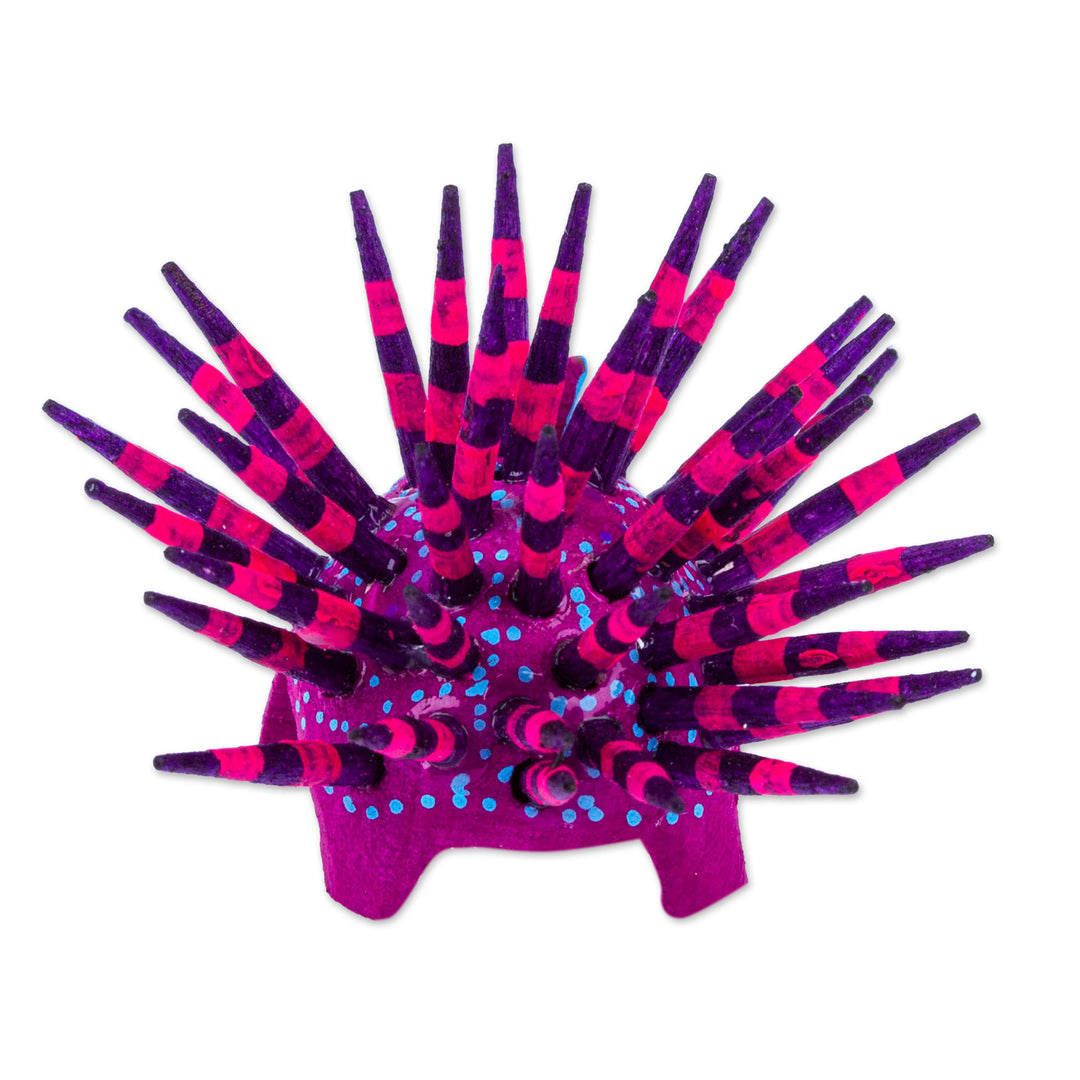 Hand-Painted Wood Alebrije Porcupine Figurine in Purple - Cute Porcupine in Purple