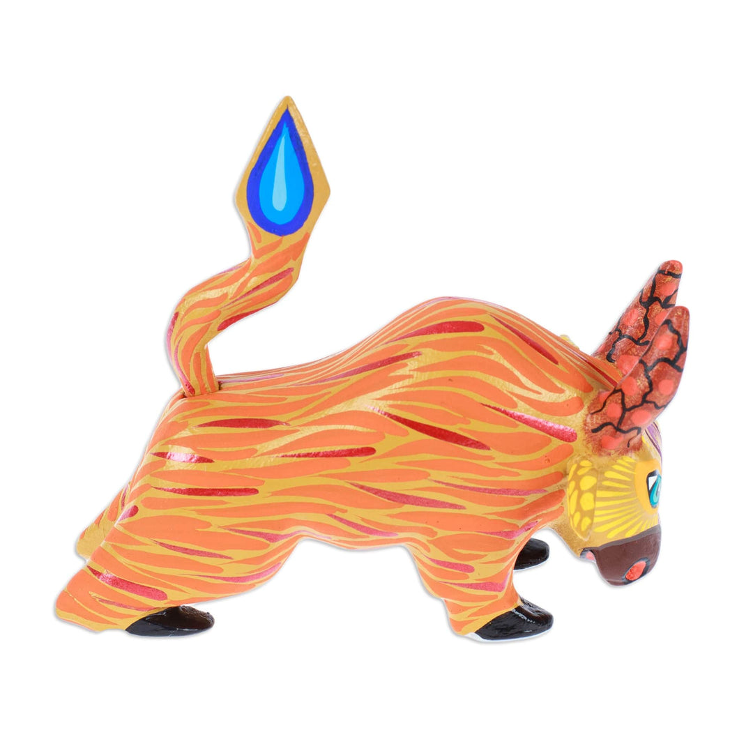Hand-Painted Orange and Red Flaming Alebrije Bull Figurine - Flaming Force