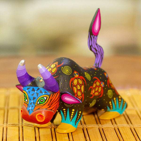 Hand-Painted Colorful Wood Alebrije Bull Figurine in Black - Sea