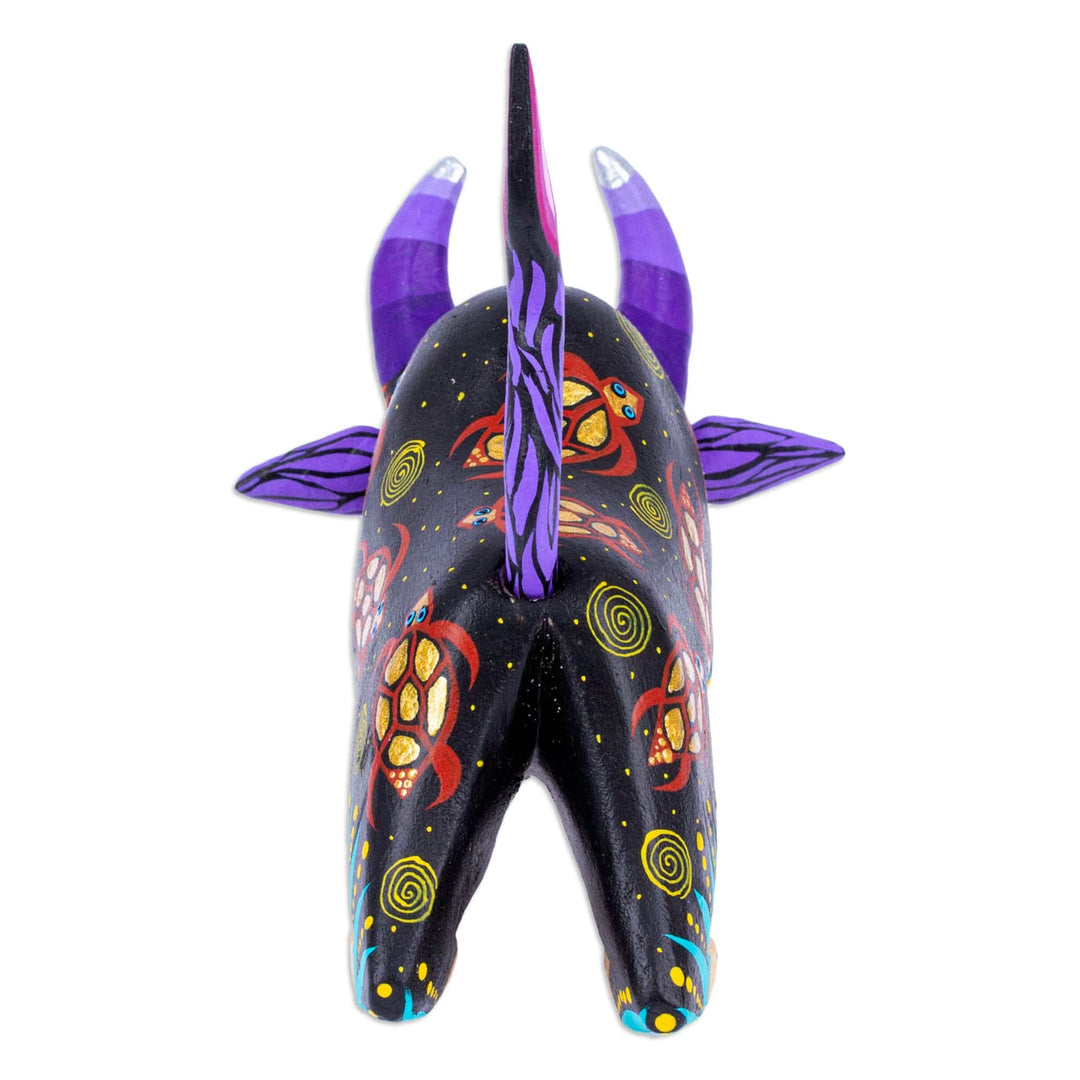 Hand-Painted Colorful Wood Alebrije Bull Figurine in Black - Sea Bull