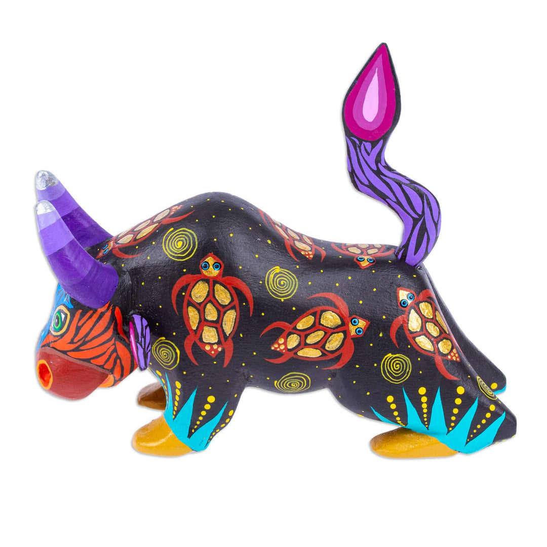 Hand-Painted Colorful Wood Alebrije Bull Figurine in Black - Sea Bull