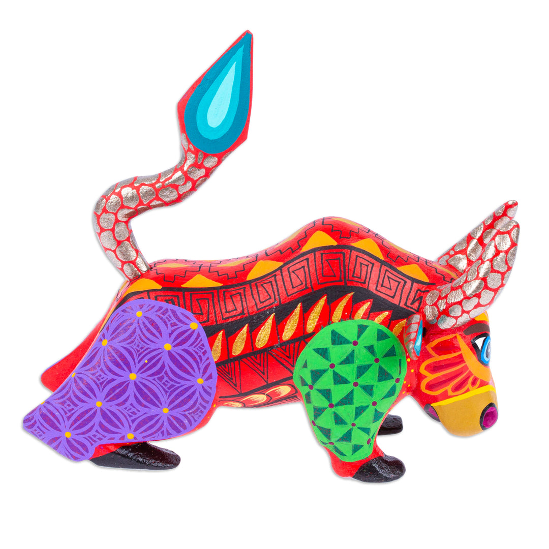 Multicolored Hand-Painted Wood Alebrije Bull Figurine - Modern Bull