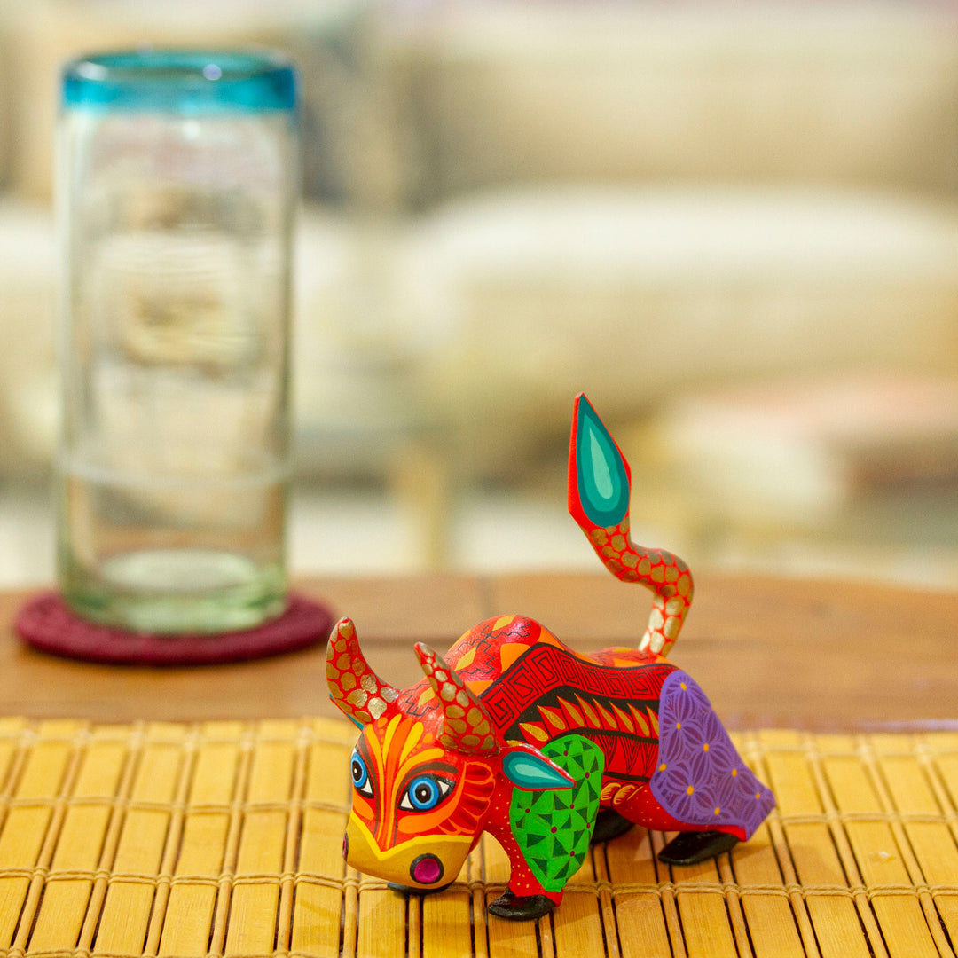 Multicolored Hand-Painted Wood Alebrije Bull Figurine - Modern Bull