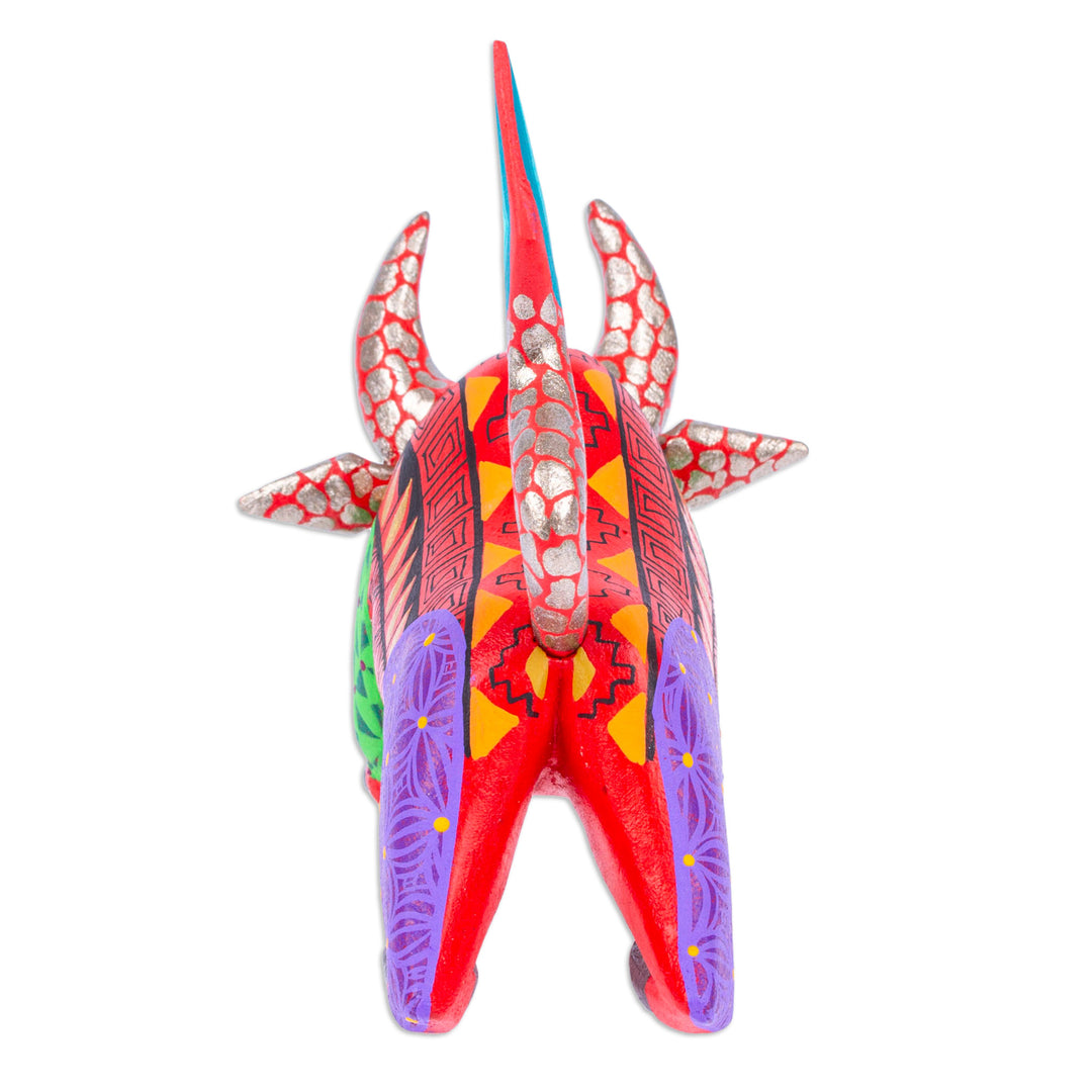 Multicolored Hand-Painted Wood Alebrije Bull Figurine - Modern Bull