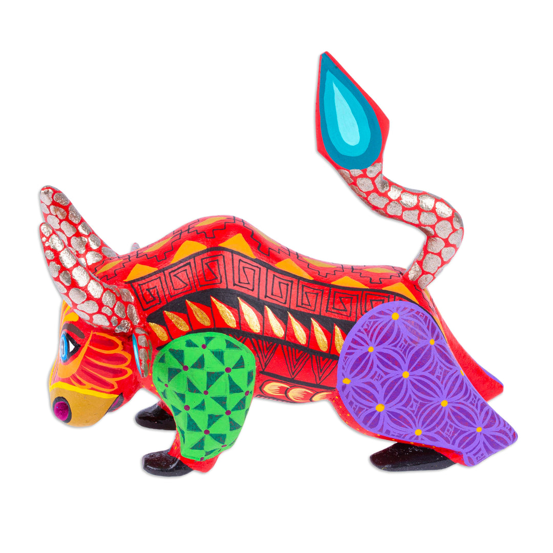 Multicolored Hand-Painted Wood Alebrije Bull Figurine - Modern Bull