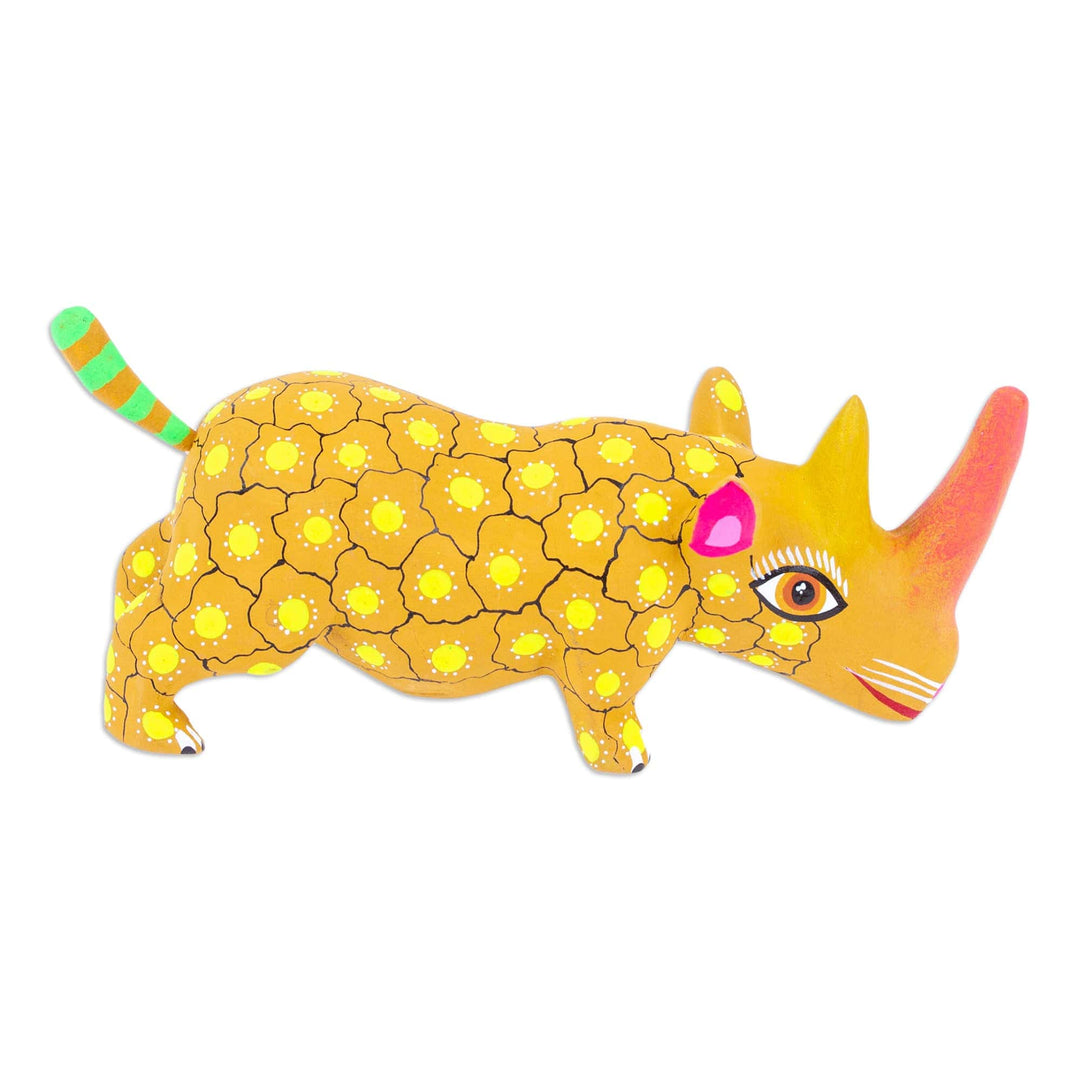 Hand-Painted Wood Alebrije Rhino Figurine in Yellow - Cute Rhino in Yellow