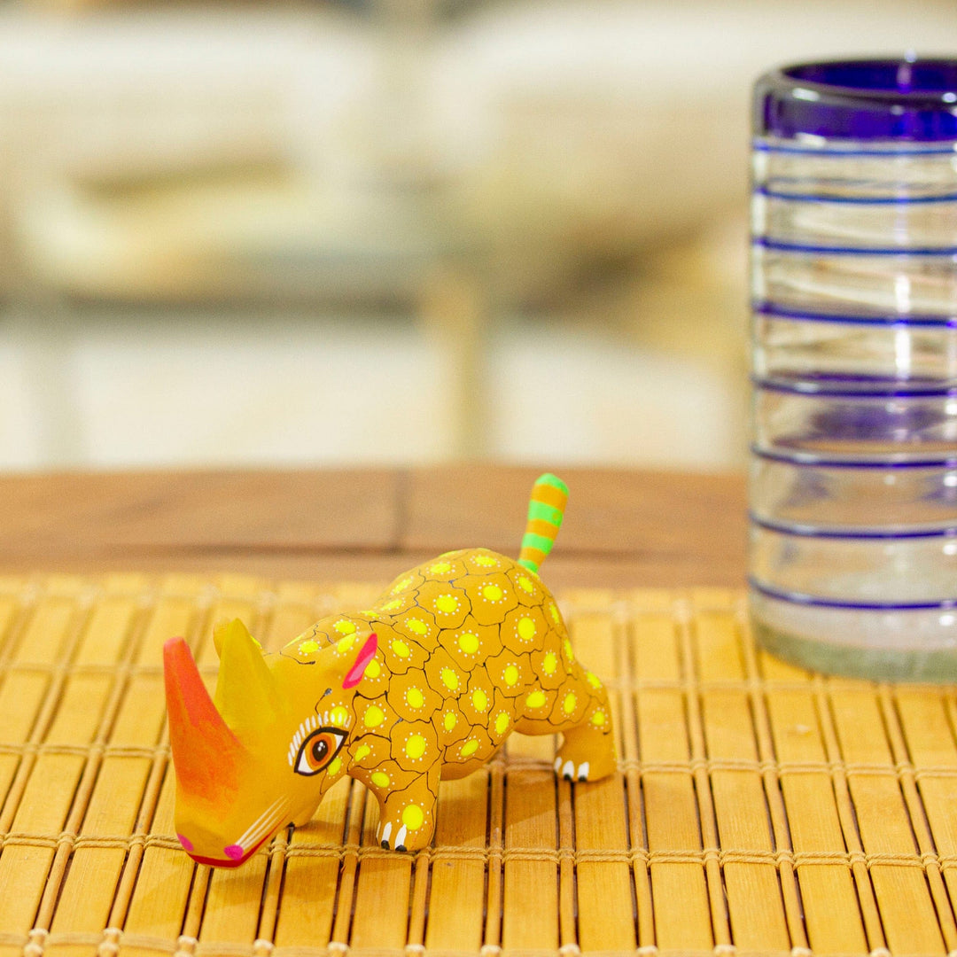 Hand-Painted Wood Alebrije Rhino Figurine in Yellow - Cute Rhino in Yellow