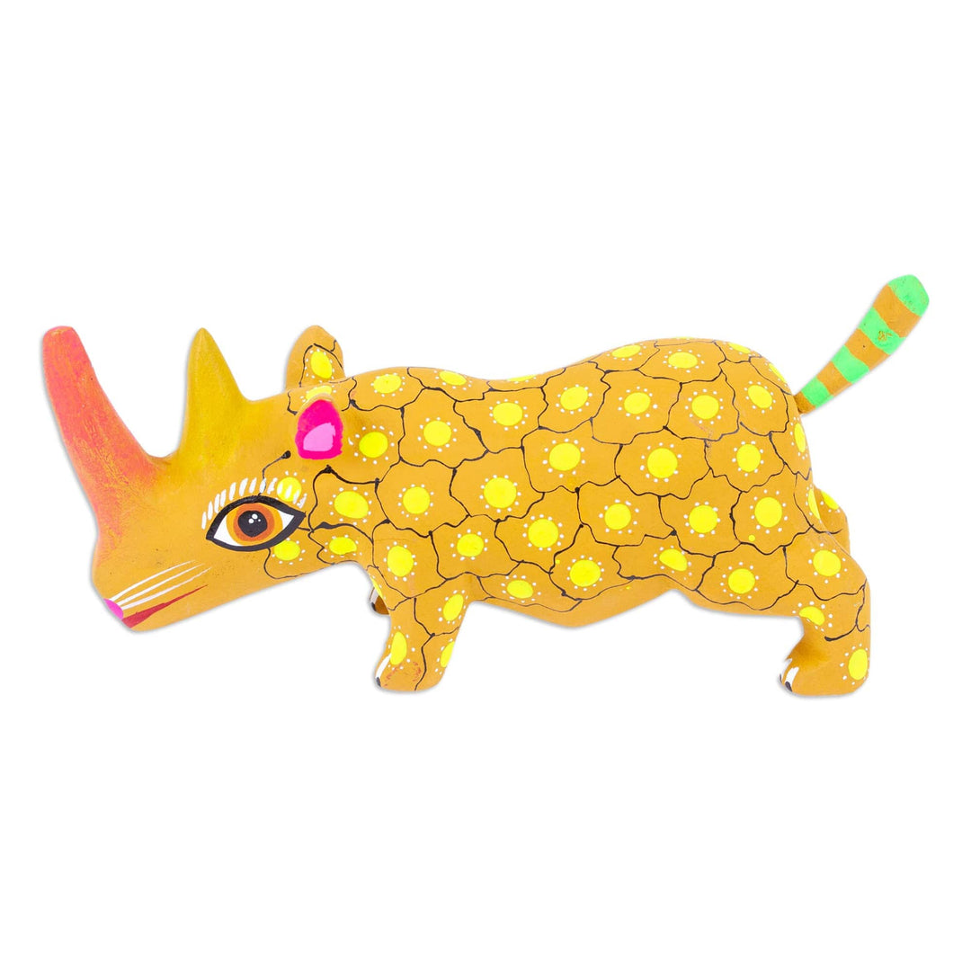 Hand-Painted Wood Alebrije Rhino Figurine in Yellow - Cute Rhino in Yellow