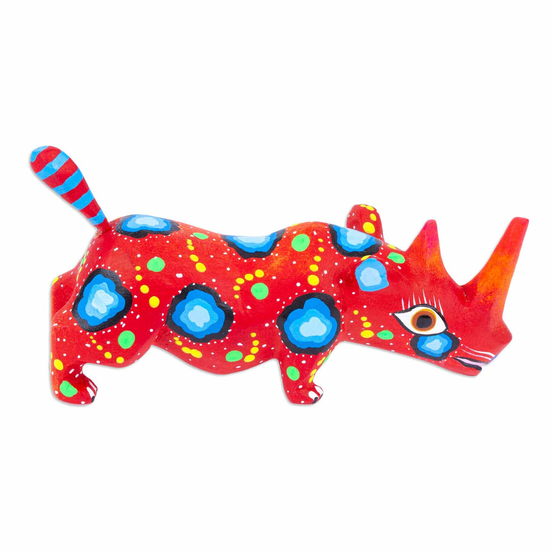 Hand-Painted Wood Alebrije Rhino Figurine in Red from Mexico - Cute Rhino in Red