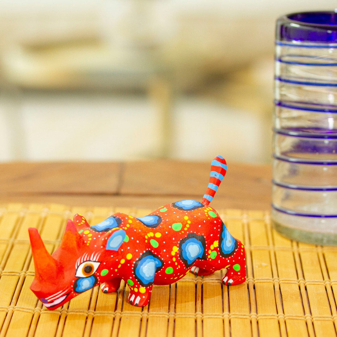 Hand-Painted Wood Alebrije Rhino Figurine in Red from Mexico - Cute Rhino in Red