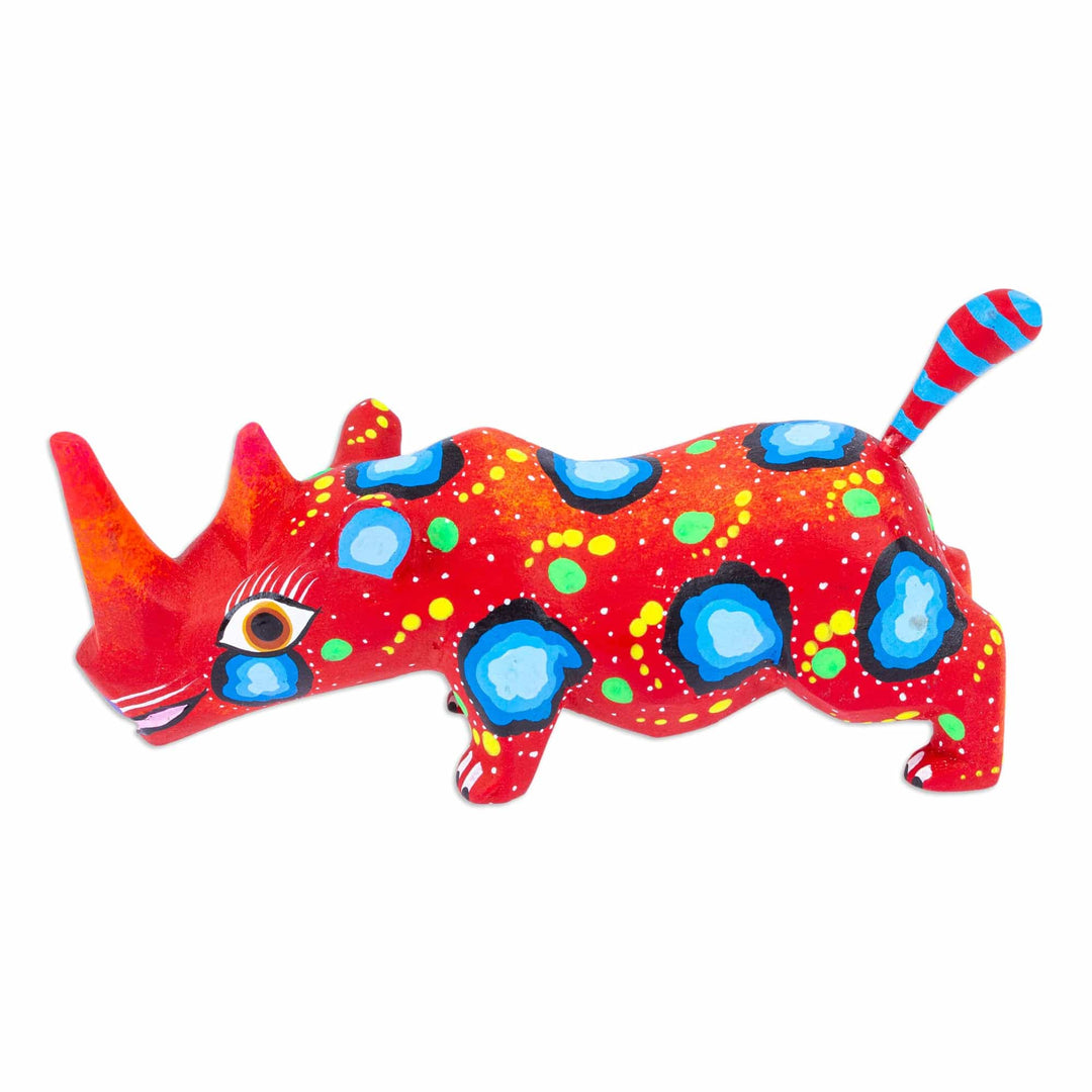 Hand-Painted Wood Alebrije Rhino Figurine in Red from Mexico - Cute Rhino in Red